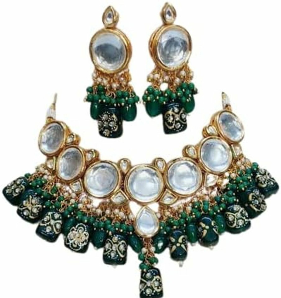 Generic Women'S Indian Jewelry Heavy Look Kundan Bridal Wedding Party Wear Crafted Brides Fashion Gold Plated Kundan Choker Necklace Earrings Bollywood Style Jewellery Set For Bridesmaids Green Jewelry Sets