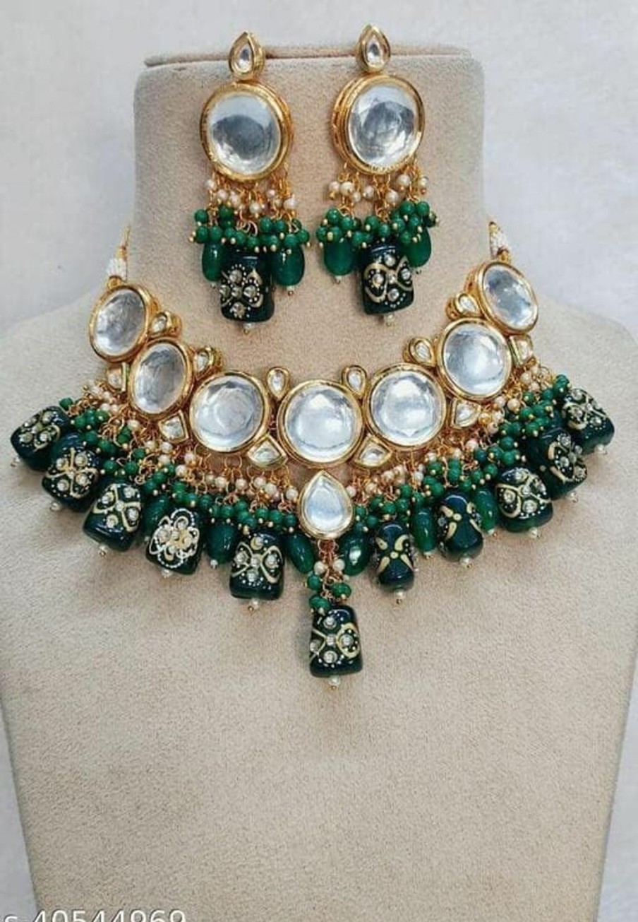 Generic Women'S Indian Jewelry Heavy Look Kundan Bridal Wedding Party Wear Crafted Brides Fashion Gold Plated Kundan Choker Necklace Earrings Bollywood Style Jewellery Set For Bridesmaids Green Jewelry Sets