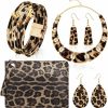 Sotiff Sotiff 5 Pcs Women Leopard Jewelry Set Statement Leopard Clutch Purse Earring Leather Wrap Bracelets Long Tassel Pendant Necklace Jewelry Sets