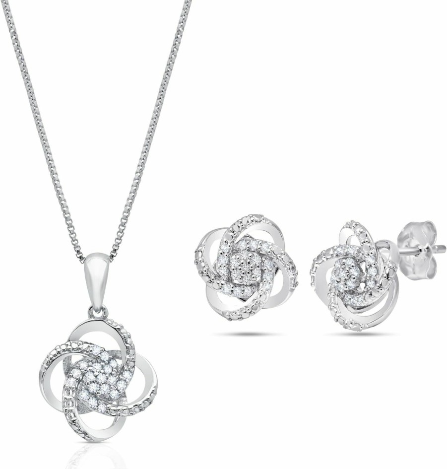 MAX + STONE Max + Stone 1/4 Carat Natural Diamond Love Knot Stud Earrings And Pendant Necklace For Women In 925 Sterling Silver (I2-I3, 0.25 Ct.Tw) Diamond Jewelry Set Jewelry Sets