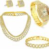 Sasylvia 5 Pcs Hip Hop Jewelry Set With Miami Cuban Link Chain Necklace Bracelet Bling Crystal Diamond Watch Rhinestone Earrings Jewelry Sets