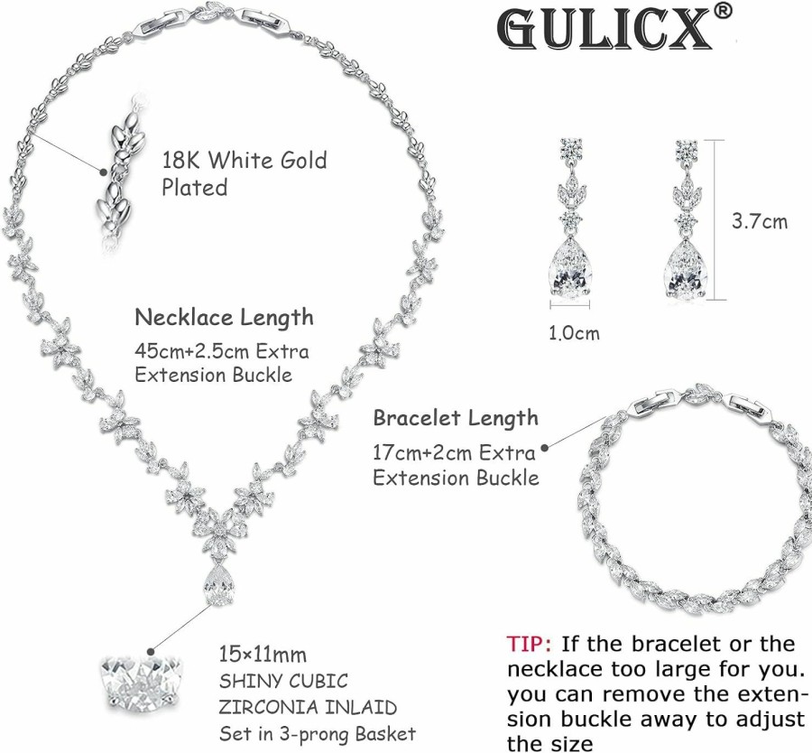 GULICX Wedding Jewelry For Bride, Silver Bridal Necklace Earrings Bracelet Set With Clear Cubic Zirconia, Bridemaids Jewelry Set For Wedding, Crystal Wedding Party Jewelry Set For Women Girls Jewelry Sets