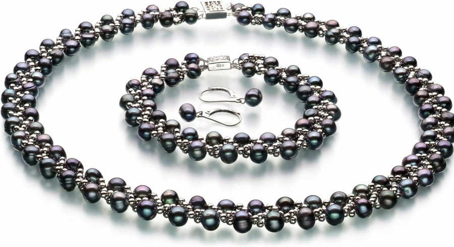 PearlsOnly Weave Black 6-7Mm A Quality Freshwater Cultured Pearl Set For Women Jewelry Sets