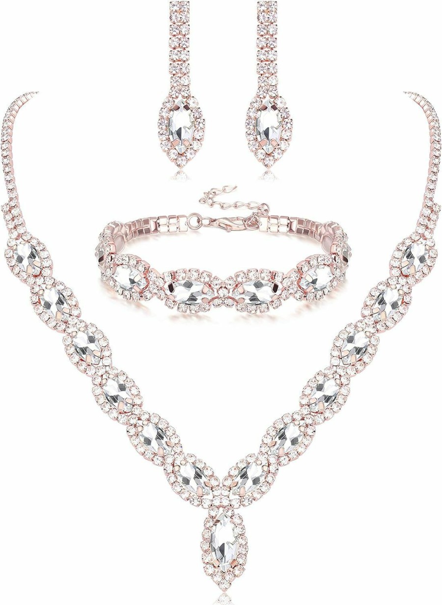 THUNARAZ Thunaraz Sparkled Jewelry Set For Women Silver Rhinestone Necklace Teardrop Dangle Earrings Bracelet For Bride Bridesmaid Crystal Bridal Prom Costume Jewelry Accessories For Wedding Party Jewelry Sets