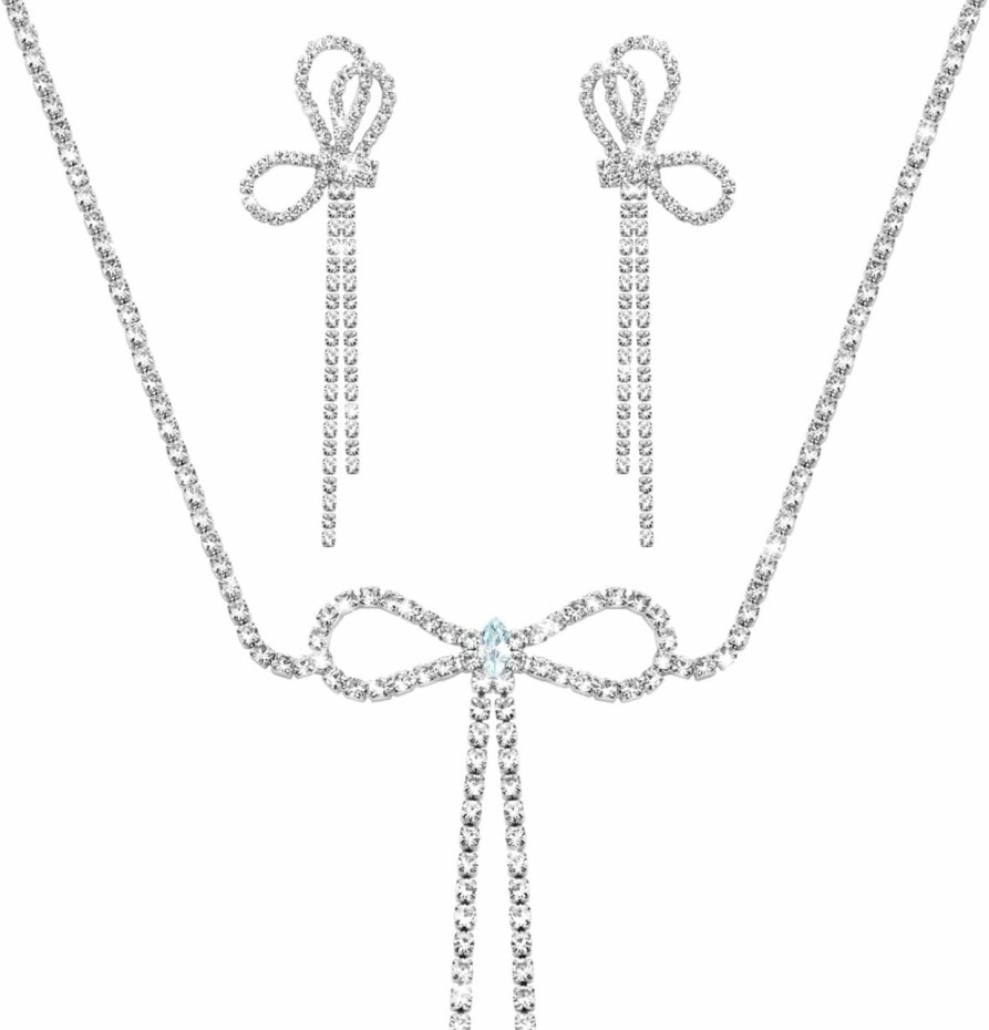 yfstyle Yfstyle Bow Jewelry Set Bow Earrings Silver Bow Necklace For Women Sparkly Rhinestone Bow Earrings Dangle Bow Pendant Necklace Silver Sparkly Earrings And Necklace Set Rhinestone Jewelry Set Jewelry Sets