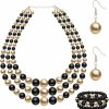 Otuuz Otuuz 3 Pcs Women'S Simulated Faux Three Multi Strand Pearl Statement Necklace Earring And Bracelet Costume Jewelry Set Jewelry Sets