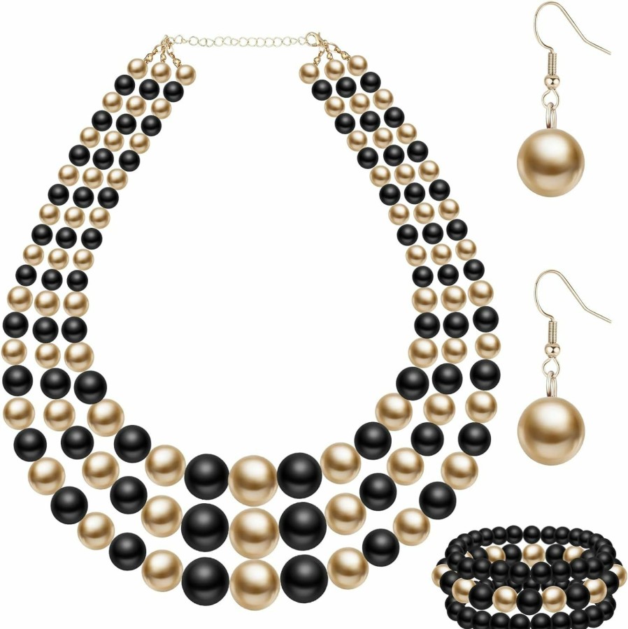 Otuuz Otuuz 3 Pcs Women'S Simulated Faux Three Multi Strand Pearl Statement Necklace Earring And Bracelet Costume Jewelry Set Jewelry Sets