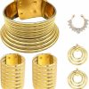 Beupy Beupy 6 Pieces Gold African National Tribal Costume Accessories Set Long Neck Collar Necklaces Metal Bracelet Gothic Chunky Nose Hoop Chain Swirl Earrings African Jewelry Set For Women Jewelry Sets