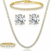 Gemsme Gemsme 18K Yellow Gold Plated Tennis Necklace/Bracelet/Earrings/Band Ring Sets Pack Of 4 Jewelry Sets