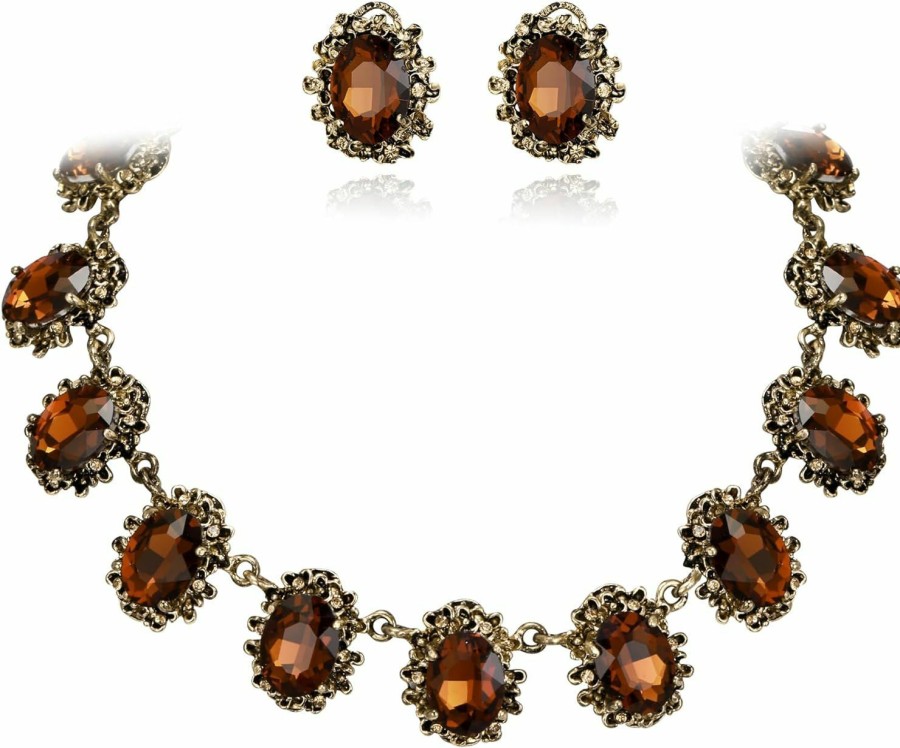 BriLove Brilove Victorian Style Statement Necklace Pierced Earrings Jewelry Set For Women Crystal Floral Cameo Inspired Oval Earrings Party Prom Jewelry Jewelry Sets