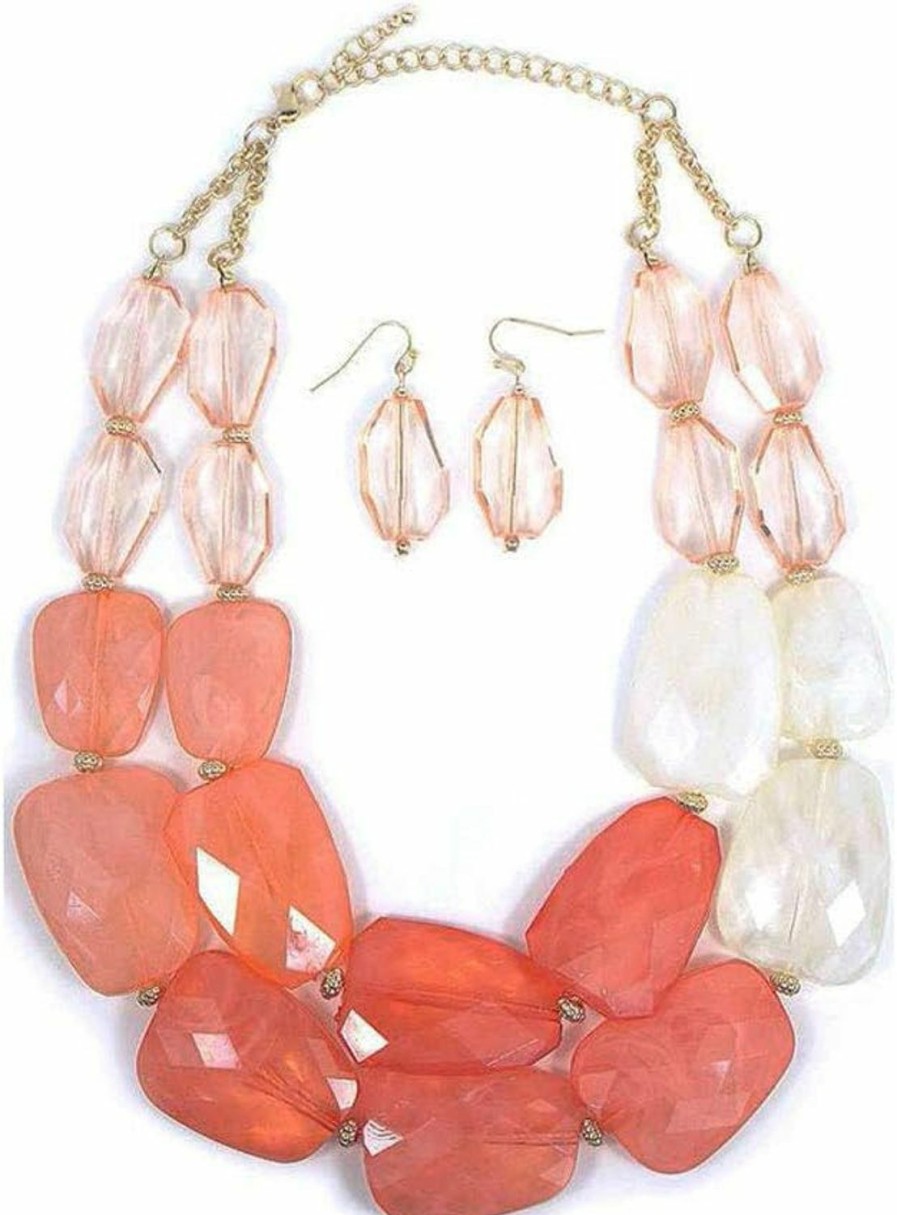 Secret for Longevity Pink Peach Coral Melon Salmon Colored Resin Big Chunky Statement Necklace Earrings Set Jewelry Sets