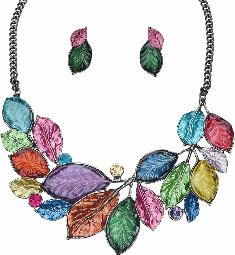 Fenni Jewelry Fenni Jewelry Vintage Statement Jewelry Set Leaf Floral Bohemian Boho Statement Necklace Earring Set Crystal Fashion Costume Jewelry Jewelry Sets