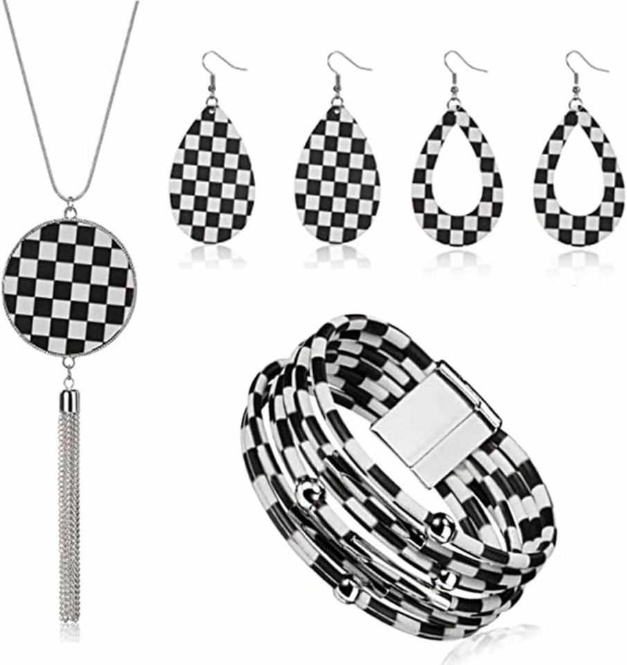 INENIMARTJ 4 Pieces Faux Leather Earrings Necklace Bracelet Set 4 Pieces Christmas Plaid Stripe Jewelry Set Multi-Layer Leather Bracelet, Dangle Leather Earrings Necklace Glitter Jewelry Set For Women Girls Jewelry Sets