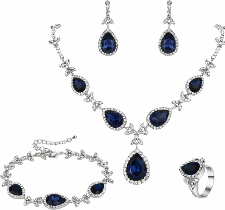 BriLove Brilove Women'S Wedding Bridal Crystal Floral Leaf Teardrop Y-Necklace Bracelet Earrings Ring Set Jewelry Sets