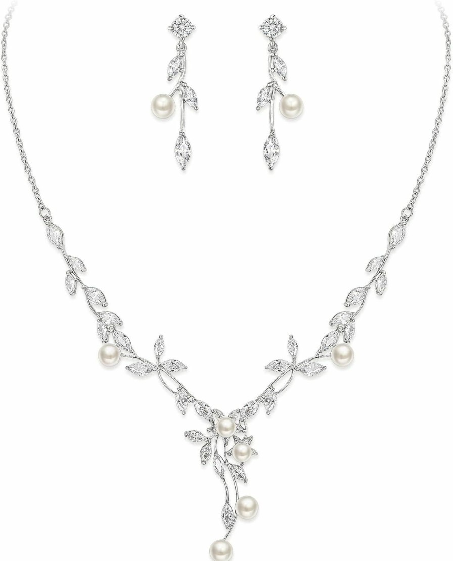 EVER FAITH Ever Faith Wedding Jewelry Set For Women, White Marquise Cubic Zirconia Simulated Pearl Floral Vine Bridal Prom Necklace Earrings Set Jewelry Sets