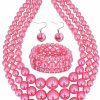 VAQINED Vaqined Womens Faux Pearl Costume Jewelry 3 Layers Pearl Chunky Necklace Bracelet And Earrings (Pink) Jewelry Sets