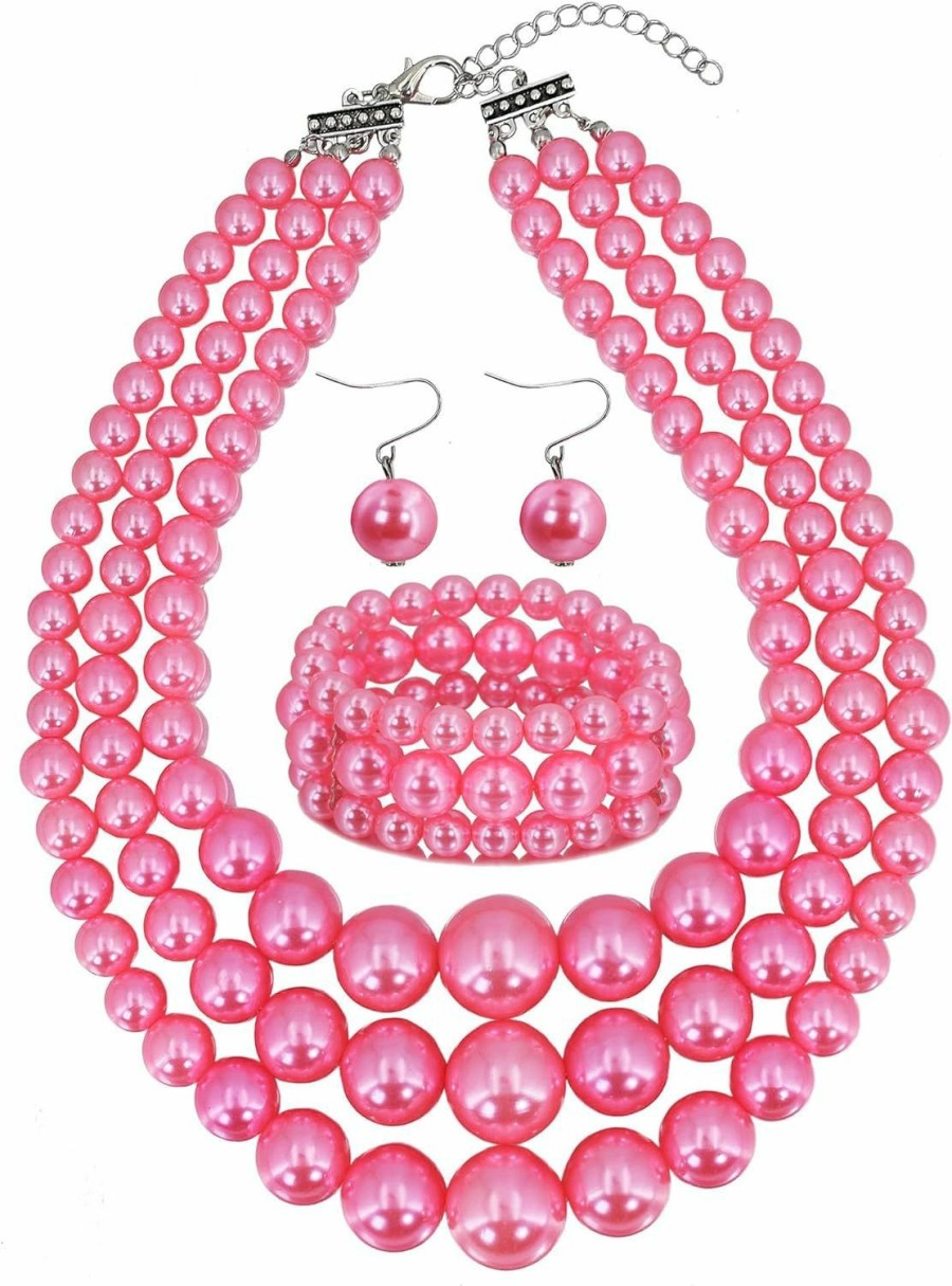 VAQINED Vaqined Womens Faux Pearl Costume Jewelry 3 Layers Pearl Chunky Necklace Bracelet And Earrings (Pink) Jewelry Sets