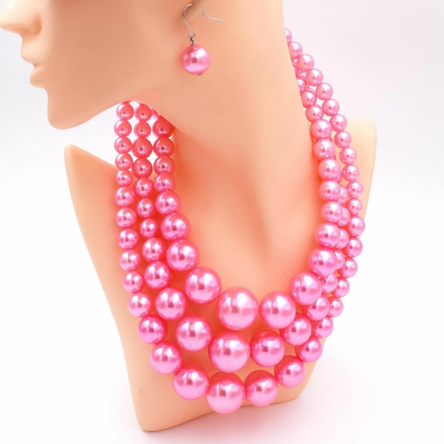 VAQINED Vaqined Womens Faux Pearl Costume Jewelry 3 Layers Pearl Chunky Necklace Bracelet And Earrings (Pink) Jewelry Sets