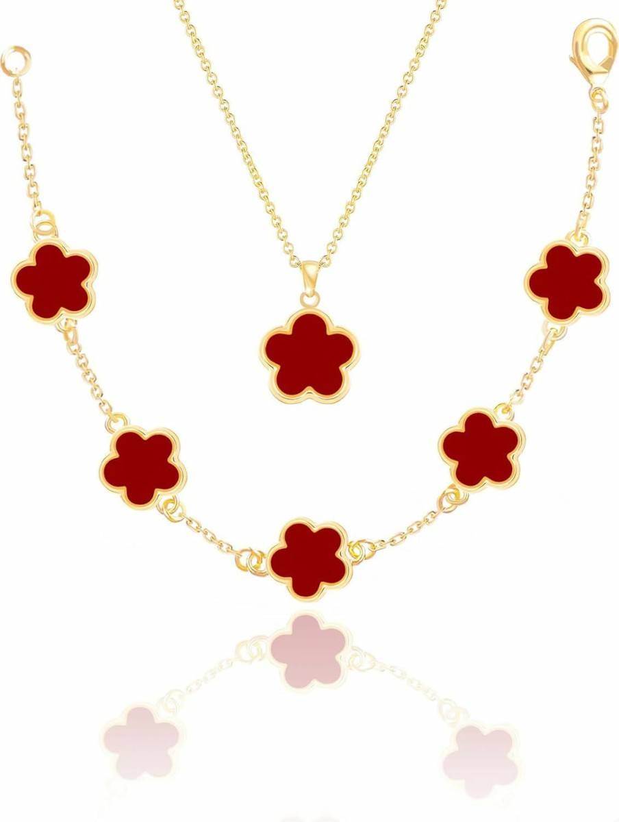 Qinpan Qinpan Four Leaf Clover Necklace And Bracelet Set For Women Lucky Flower 14K Gold Jewelry Jewelry Sets