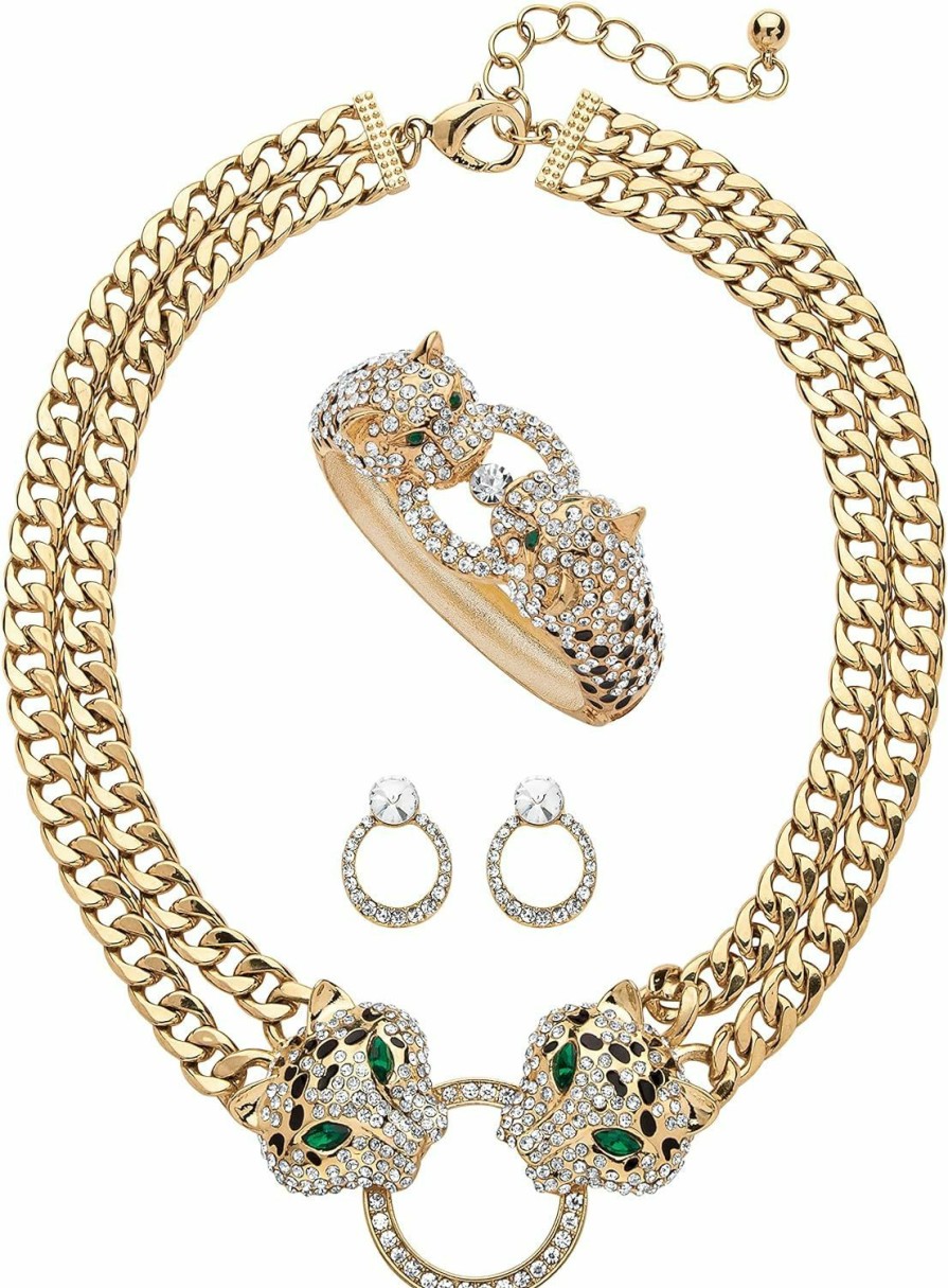 Palm Beach Jewelry Palmbeach Goldtone Marquise Cut Simulated Green Emerald And Crystal, Leopard Collar Necklace, Bangle Bracelet And Drop Earring Set Jewelry Sets