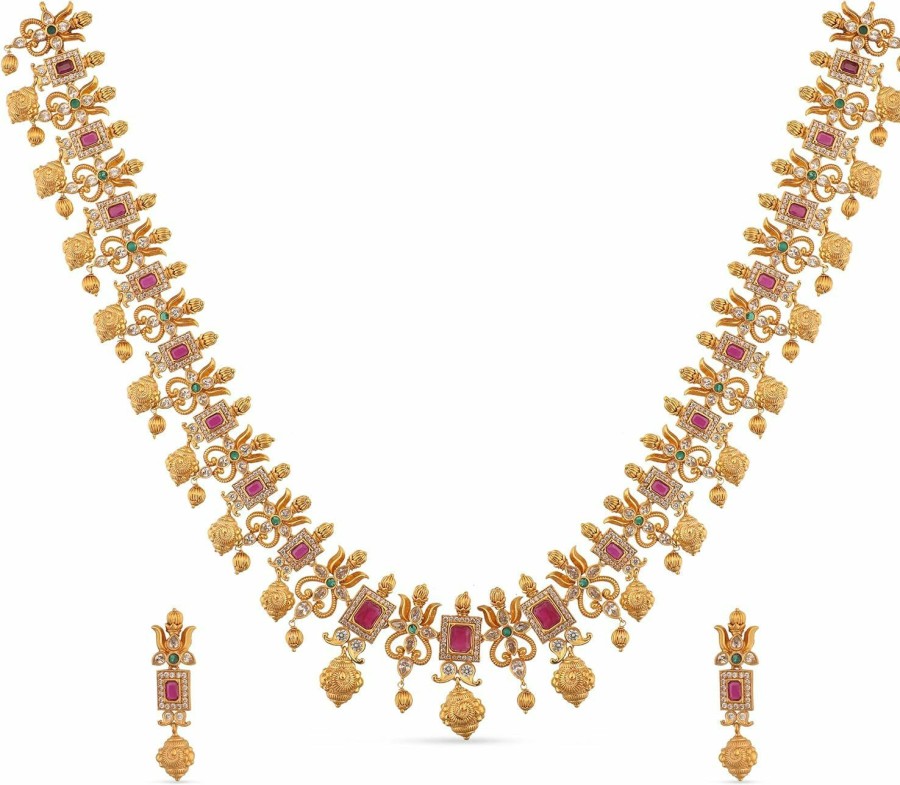 TARINIKA Tarinika Antique Gold Plated Ahaana Long Necklace Set With Floral Design - Indian Jewelry Sets For Women | Perfect For Ethnic Occasions | Traditional South Indian Necklace | 1 Year Warranty* Jewelry Sets