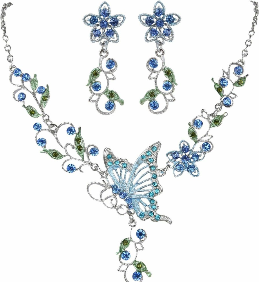 EleQueen Elequeen Women'S Austrian Crystal Butterfly Flower Leaf Necklace Earrings Set Jewelry Sets