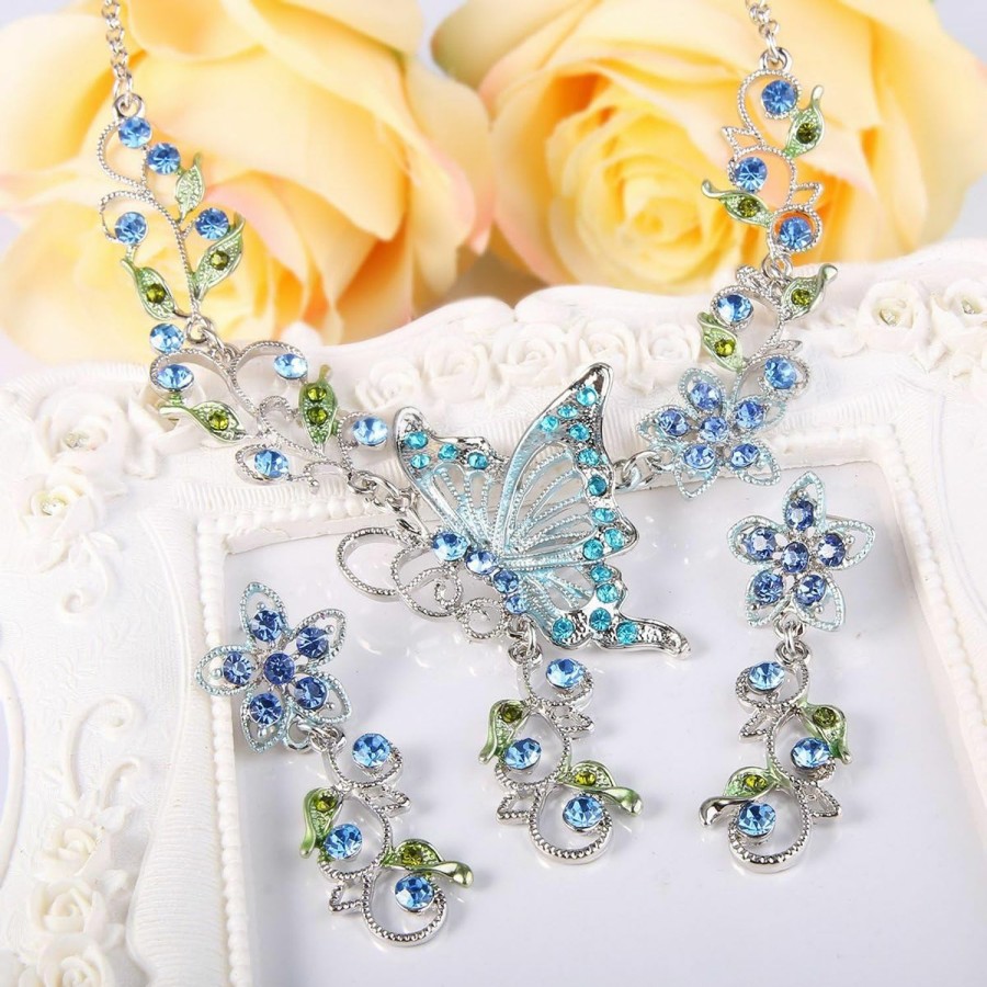 EleQueen Elequeen Women'S Austrian Crystal Butterfly Flower Leaf Necklace Earrings Set Jewelry Sets