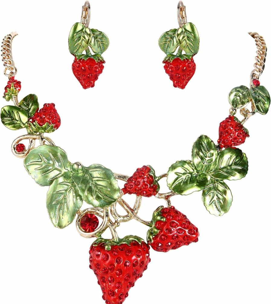 EVER FAITH Ever Faith Women'S Austrian Crystal Sweet Strawberry Leaf Necklace Earrings Set Jewelry Sets