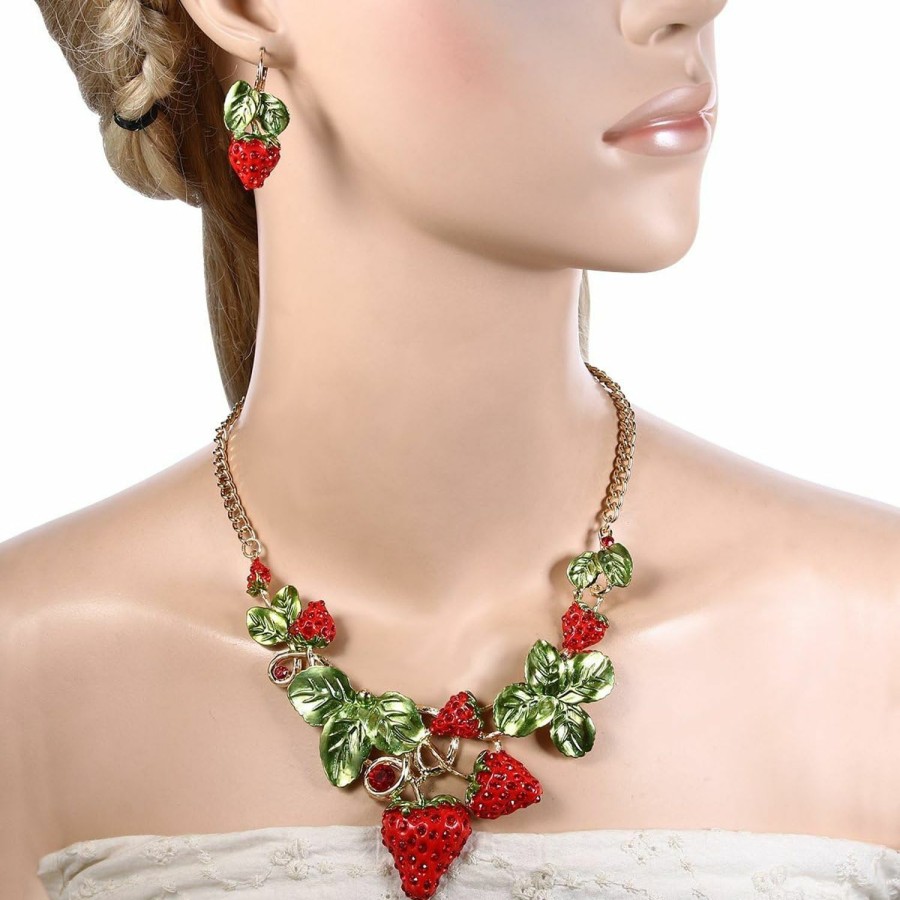 EVER FAITH Ever Faith Women'S Austrian Crystal Sweet Strawberry Leaf Necklace Earrings Set Jewelry Sets