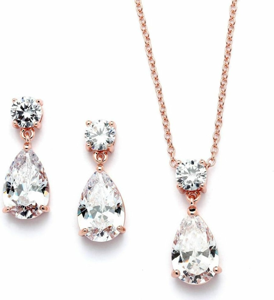 Mariell Mariell 14K Rose Gold Plated Cz Teardrop Bridal Necklace And Earring Set For Weddings, Bridesmaids & Prom Jewelry Sets