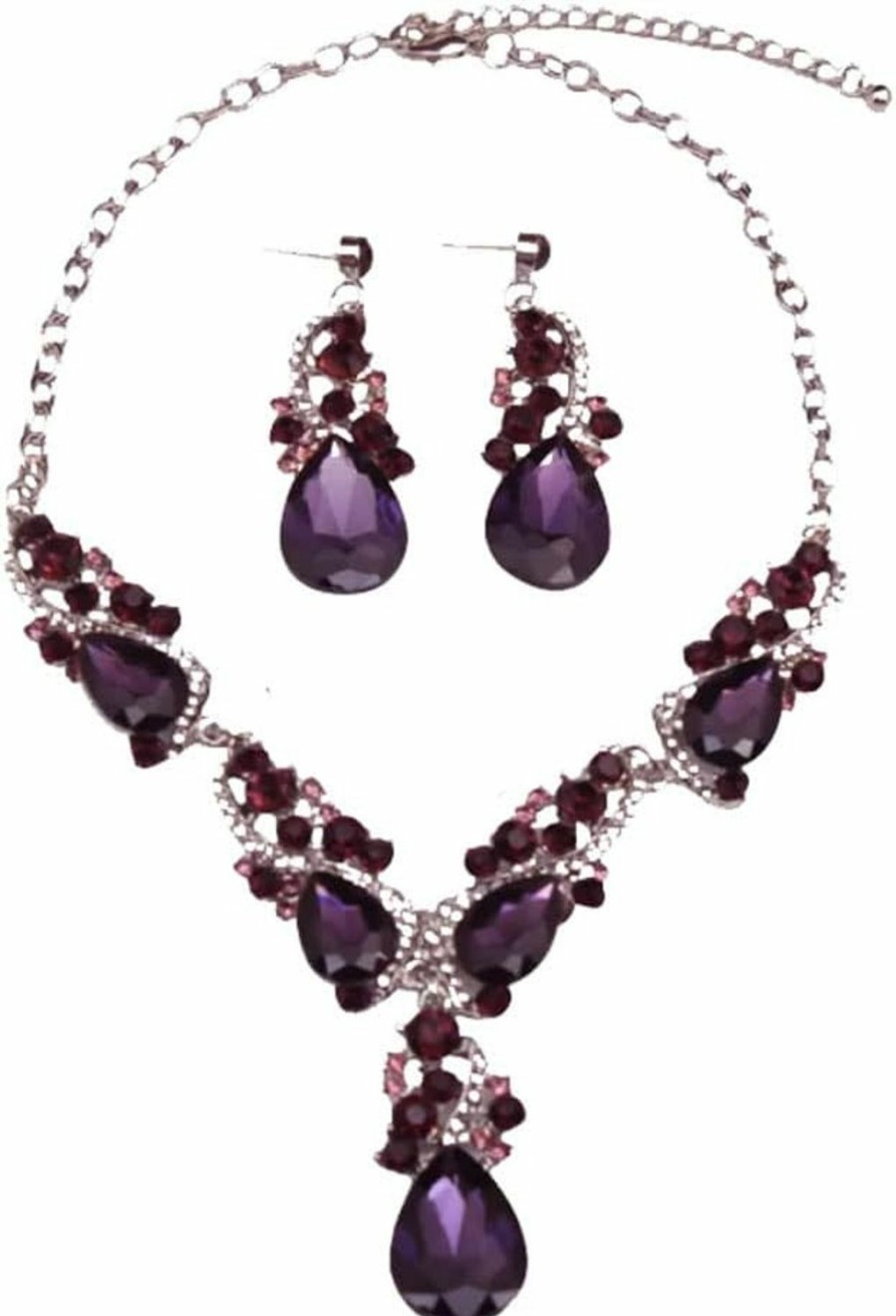 Secret for Longevity Secret For Longevity Silver Tone Antique Style Art Deco Dark Purple Eggplant Amethyst Rhinestone Statement Wedding Bridal Prom Chunky Statement Earrings Necklace Gift Set Jewelry Sets