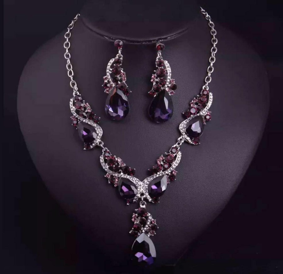 Secret for Longevity Secret For Longevity Silver Tone Antique Style Art Deco Dark Purple Eggplant Amethyst Rhinestone Statement Wedding Bridal Prom Chunky Statement Earrings Necklace Gift Set Jewelry Sets