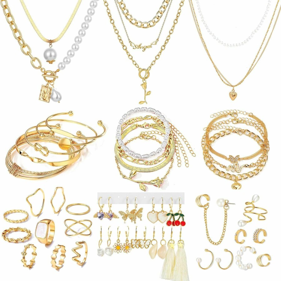 17IF 35-53 Pcs Silver Gold Jewelry Set For Women 12-30 Pcs Rings 4-7 Pcs Necklace 11-14 Pcs Bracelet And 5-16 Earring, Indie Stackable Vintage Boho Pearl Adjustable Jewerly Pack For Girl Jewelry Sets