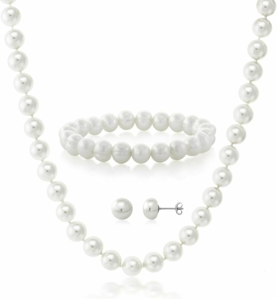 Gem Stone King Gem Stone King 925 Sterling Silver Cultured Freshwater White Pearl Jewelry Set - Necklace, Earrings And Bracelet - Perfect Bridal Gift Jewelry Sets