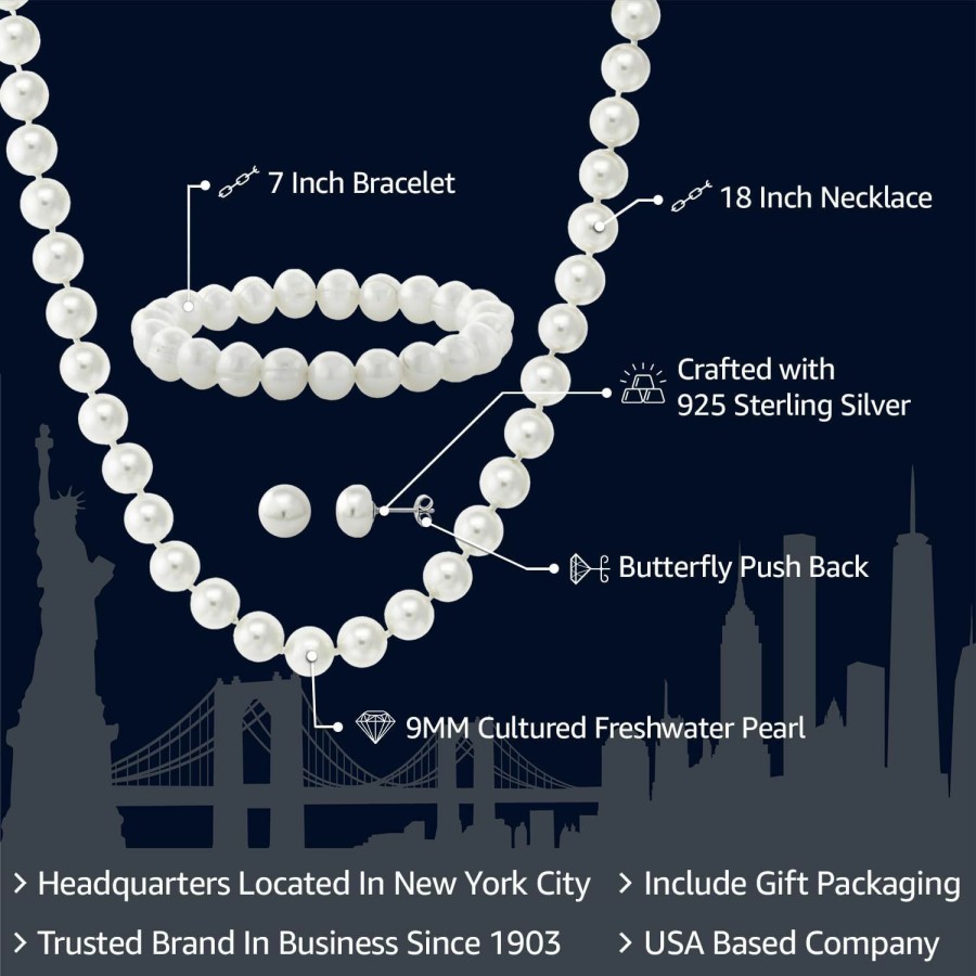 Gem Stone King Gem Stone King 925 Sterling Silver Cultured Freshwater White Pearl Jewelry Set - Necklace, Earrings And Bracelet - Perfect Bridal Gift Jewelry Sets