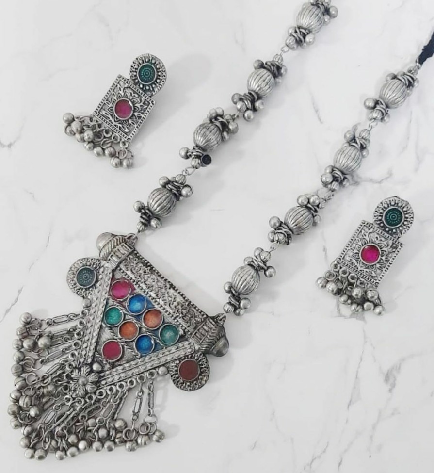 Siddhatva Siddhatva Designer Statement Afghani Antique Oxidised Silver Indian Party Ethnic Tassel Ghungroo Bells Tribal Gypsy Necklace Jewelry Set Women Jewelry Sets