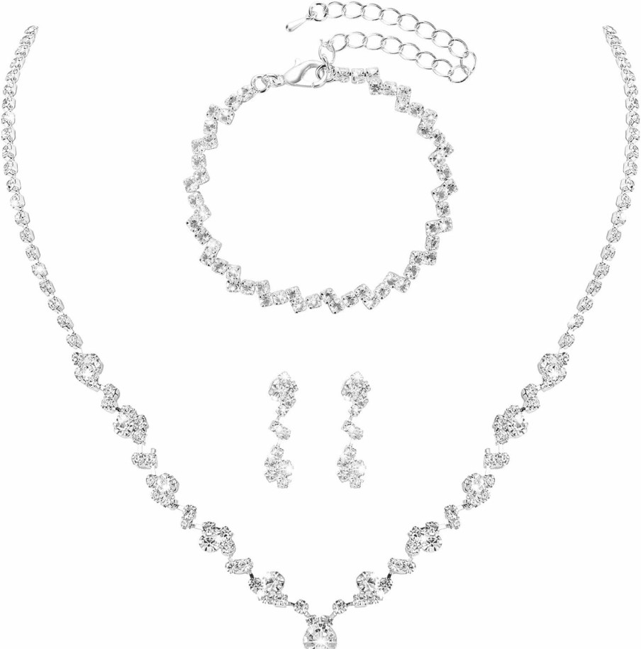 Yolev Yolev Bridal Jewelry Set Rhinestone Wedding Jewelry Set Include Wome Necklace Bracelet Earrings Brides Bridesmaid Prom Costume Jewelry Set For Bridal Wedding Party Jewelry Sets