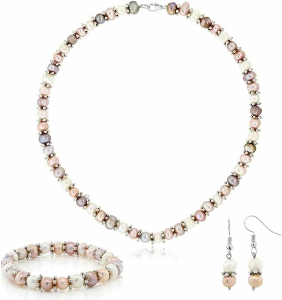 Gem Stone King Gem Stone King Pink And White Cultured Freshwater Pearl Necklace Earrings Bracelet Jewelry Set 7-8Mm 18 Inches Jewelry Sets