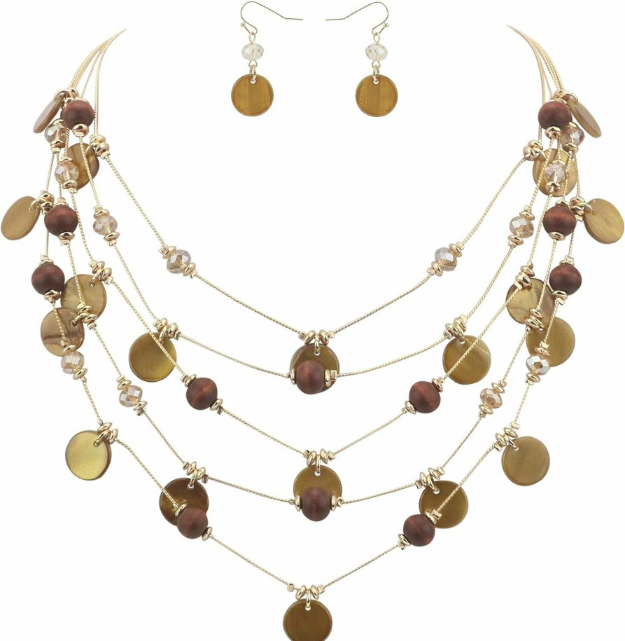 Firstmeet Firstmeet Handmade Multi-Layer Round Shell Wooden Beads Necklace With Earrings Jewelry Sets