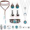 Helicopchain Helicopchain Western Jewelry For Women Bohemian Turquoise Jewelry Set Turquoise Pendant Choker Necklace Turquoise Faux Leather Cuff Bracelet Turquoise Hoop Dangle Earrings Turquoise Joint Knuckle Rings Jewelry Sets