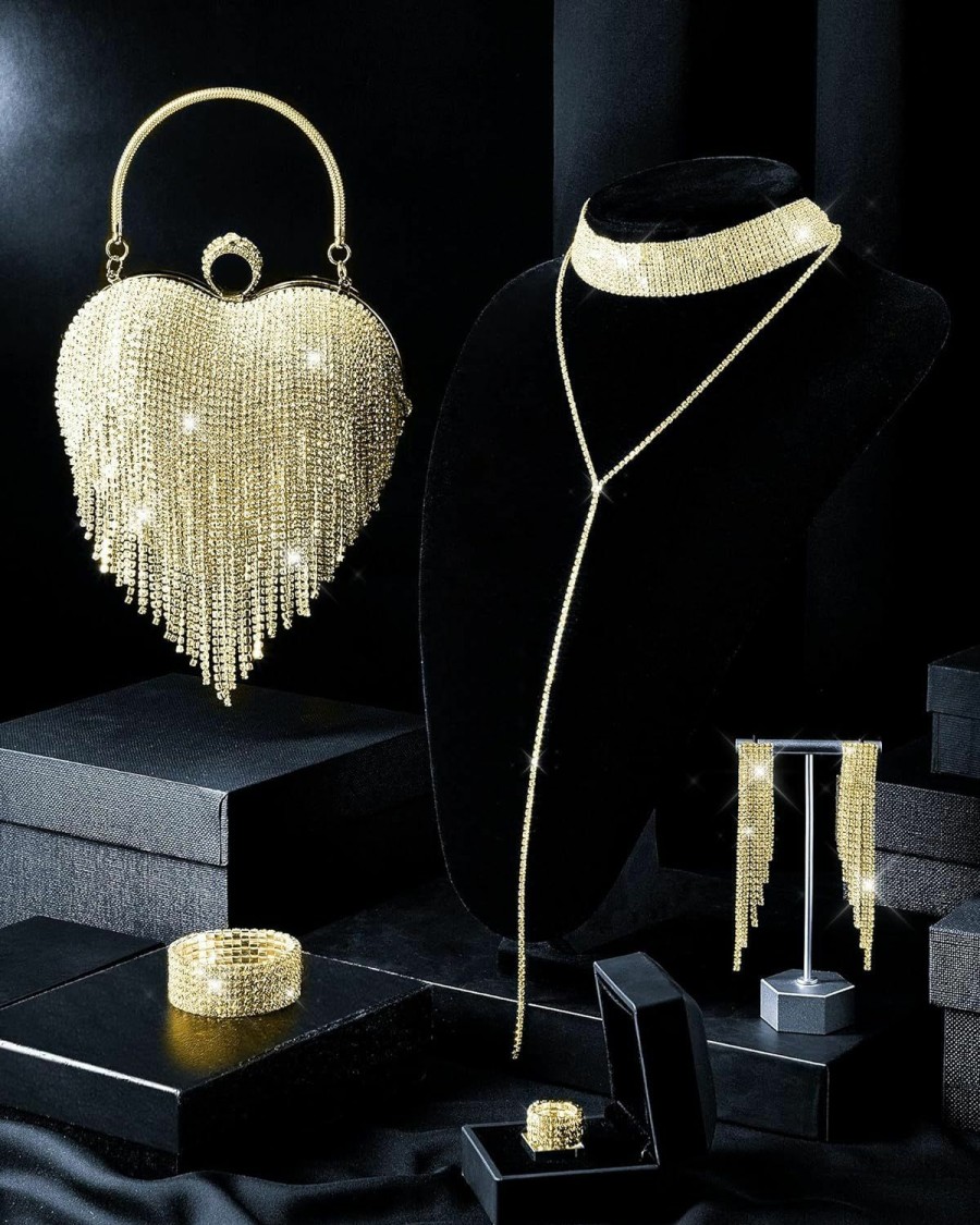 MTLEE 5 Pcs Valentine'S Day Rhinestone Clutch Purses Jewelry Set For Women Heart Shape Tassel Evening Clutch Bag Jewelry Sets