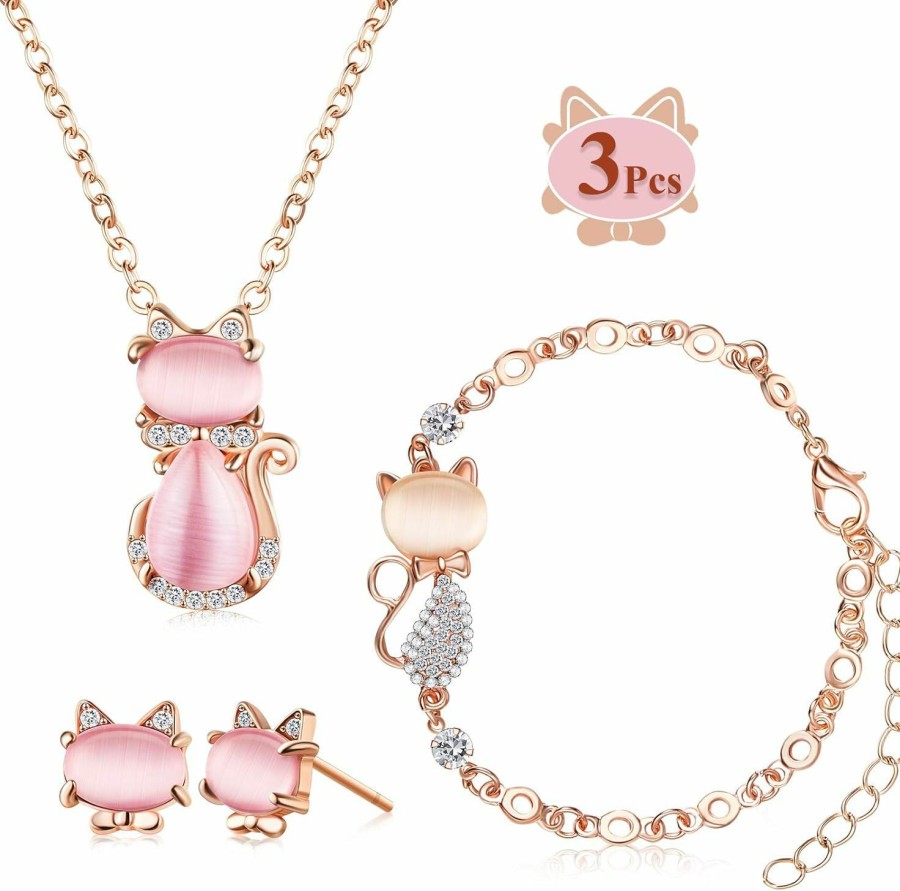 Hicarer 3 Pieces Cat Jewelry For Girls Set Cat Necklace Cat Bracelet Earring Pink Opal Pendant For Teen Girls And Women Christmas Gift Jewelry Sets