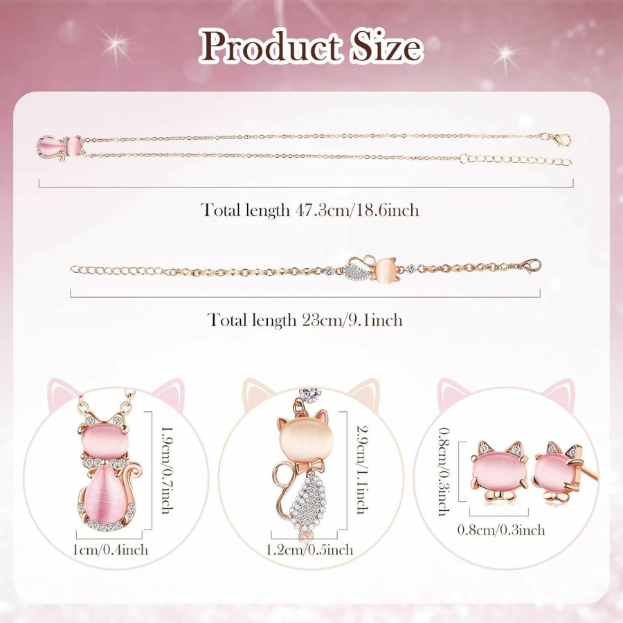 Hicarer 3 Pieces Cat Jewelry For Girls Set Cat Necklace Cat Bracelet Earring Pink Opal Pendant For Teen Girls And Women Christmas Gift Jewelry Sets