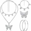 Bonuci Bonuci 4 Pcs Butterfly Jewelry Set Butterfly Pendant Necklace Hoop Earrings Bracelet Ring Necklace Set For Women Girls (Silver) Jewelry Sets