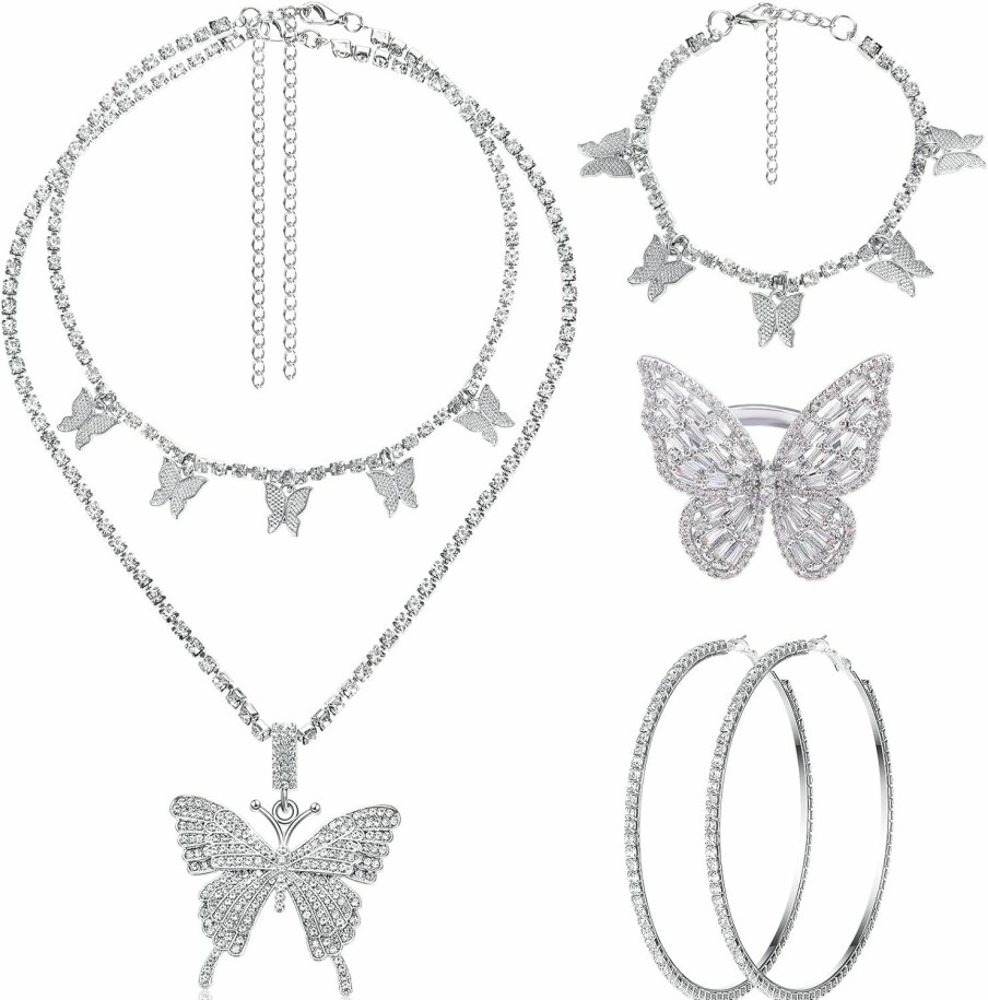 Bonuci Bonuci 4 Pcs Butterfly Jewelry Set Butterfly Pendant Necklace Hoop Earrings Bracelet Ring Necklace Set For Women Girls (Silver) Jewelry Sets