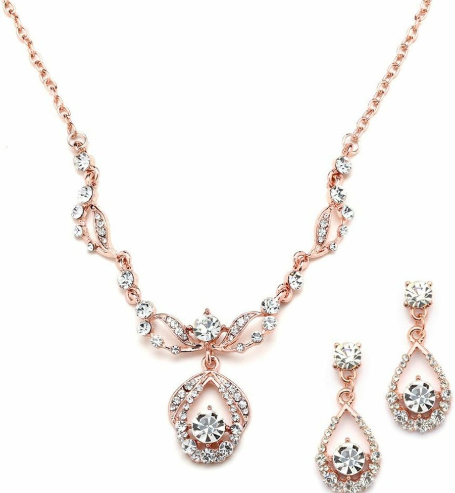 Mariell Mariell Rose Gold Vintage Crystal Necklace And Earrings Wedding Jewelry Set For Brides, Bridesmaids, Prom Jewelry Sets