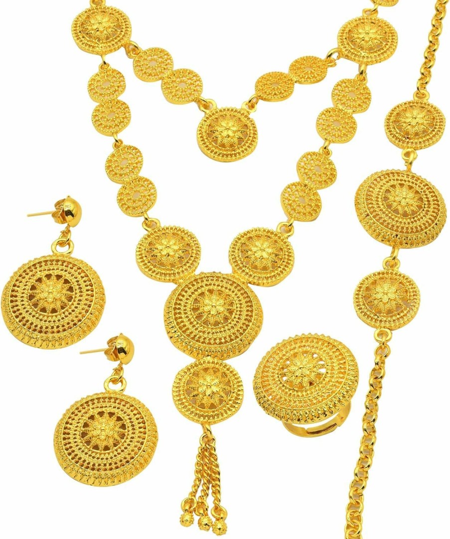 SUVAN JEWELRY Ethiopian Tassel 24K Gold Plated Jewelry Sets For Women Arabic Wedding Indian Bridal Dubai Necklace Earrings Bracelet Ring Set For Lady Wife Mother Jewelry Sets