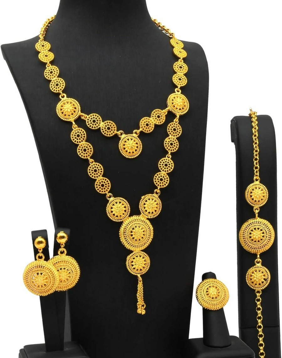 SUVAN JEWELRY Ethiopian Tassel 24K Gold Plated Jewelry Sets For Women Arabic Wedding Indian Bridal Dubai Necklace Earrings Bracelet Ring Set For Lady Wife Mother Jewelry Sets