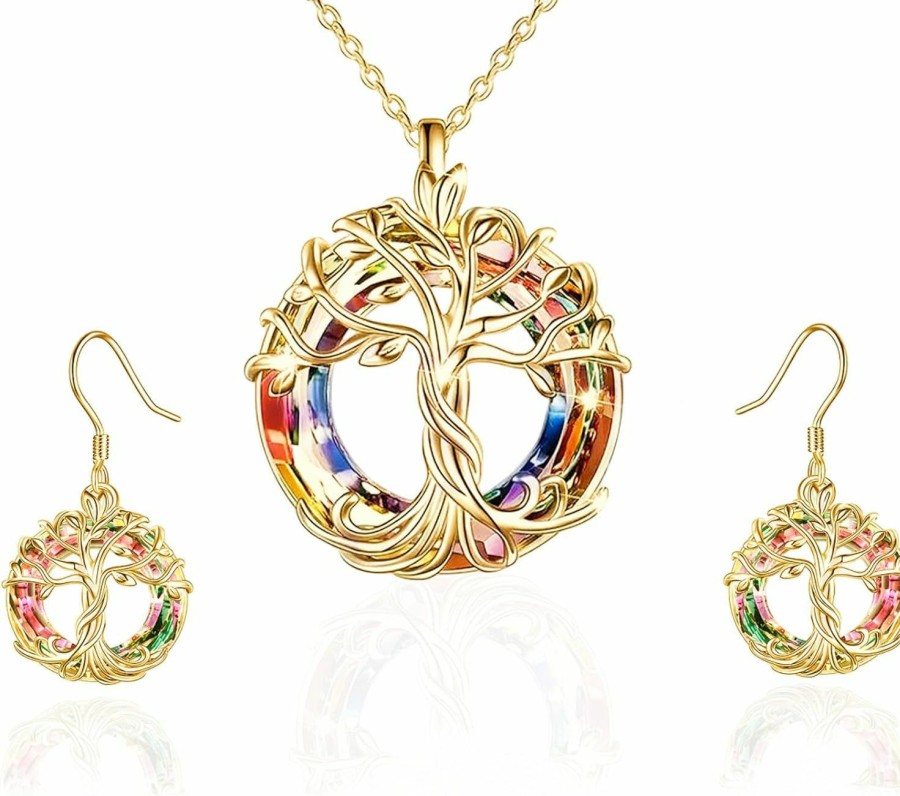 MZLYQ Mzlyq Tree Of Life Necklace Set For Women,Circle Crystal Necklace&Earrings Gifts For Women Girls Friends Mother Birthday Jewelry Sets