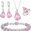 EVER FAITH Ever Faith Bridal Jewelry Set For Bride Bridesmaid, Glamour Birthstone Pink Teardrop Cubic Zirconia Necklace Earrings Tennis Bracelet Open Ring Set For Women Silver-Tone Jewelry Sets